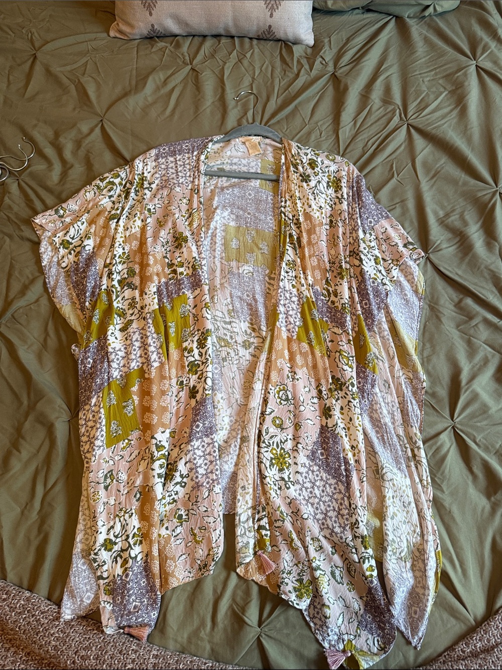 Mystree Patchwork Floral Open Front Kimono - Pink, Olive, Lavender